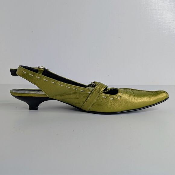 John Fluevog Kitten Heel Slingbacks 10 Green Metallic Leather Statement Shoes - Picture 13 of 16
